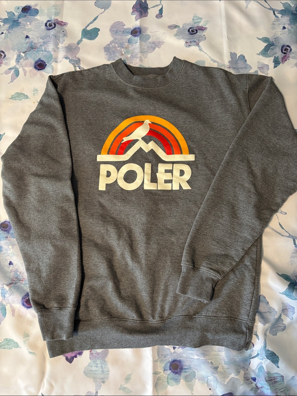 Poler Gray Crewneck Sweatshirt with Retro Orange and Red Logo